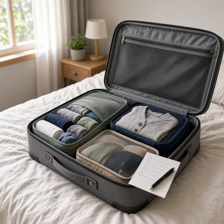 Een open handbagagekoffer met packing cubes en netjes gevouwen kleding op een lichte Nederlandse slaapkamer