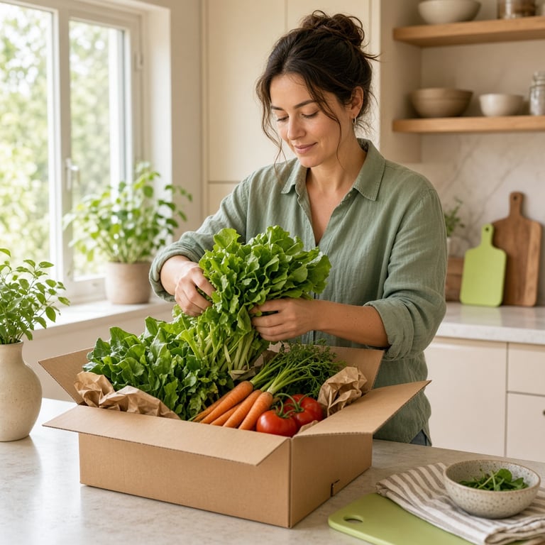 A bright Australian kitchen bench with leafy greens, carrots, tomatoes, and a labelled farm fresh produce box ready for meal planning