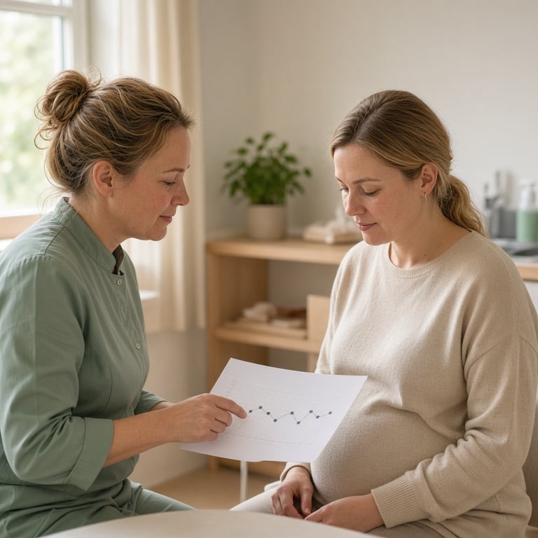 Gravid kvinne snakker med jordmor som viser blodsukkerverdier på et ark