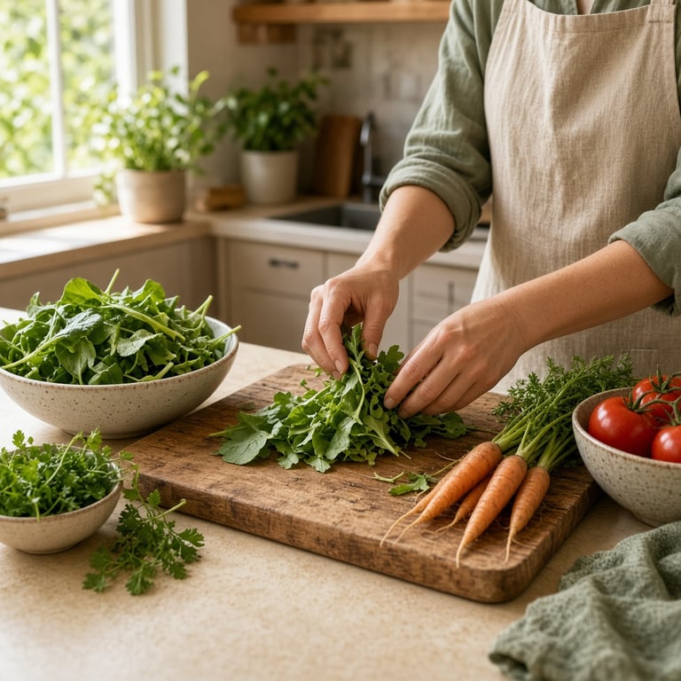 A home cook sorting fresh vegetables into meal ingredients beside a wooden cutting board