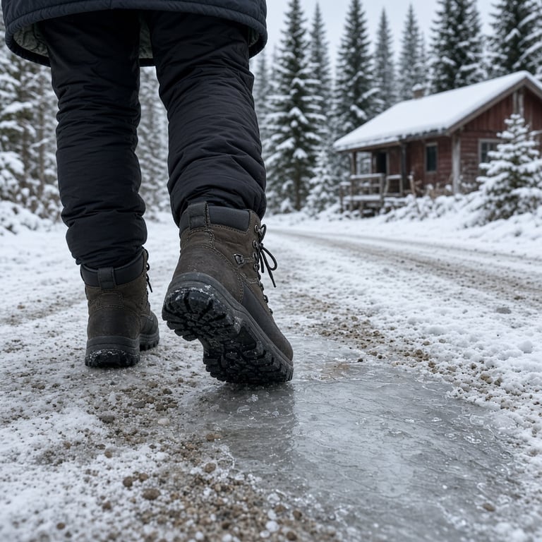 Dame med snøstøvler ved en snødekt hyttevei, med is, snø og skog i bakgrunnen