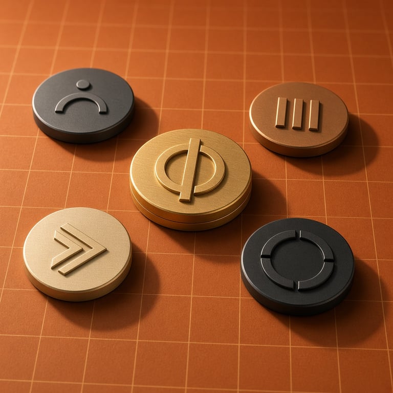 Five abstract crypto tokens on an orange grid