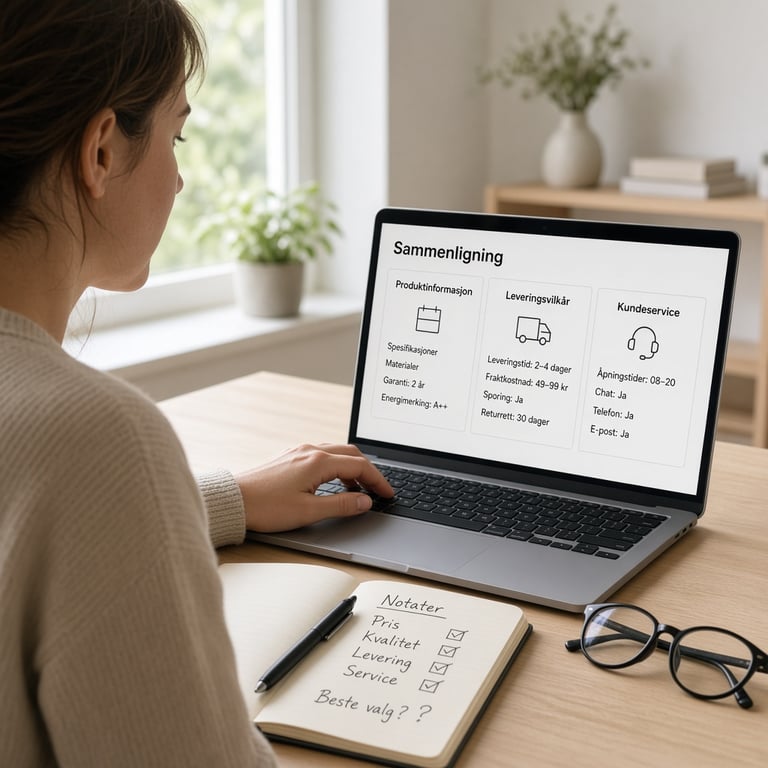 Person som sammenligner produktinformasjon og kundevilkår på en laptop hjemme