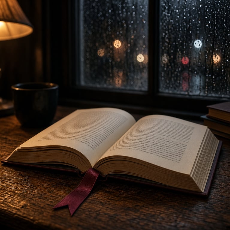 Een open thriller op een houten tafel met een boekenlegger en donkere avondverlichting