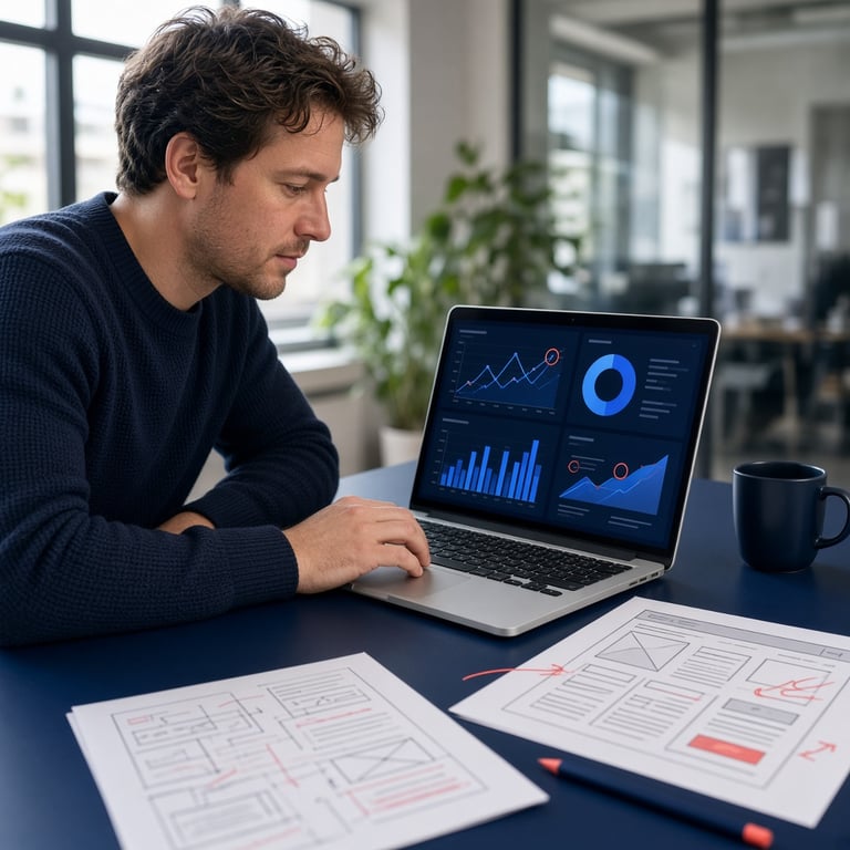 Specialist die conversiedata en campagneprestaties analyseert op een laptop naast een schets van een website