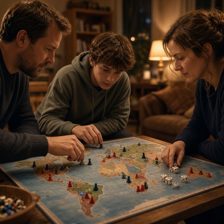 Risk-bordspel met legers en dobbelstenen tijdens een strategische spelavond