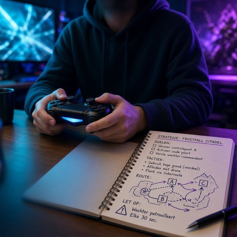 Speler met controller en strategie-notities