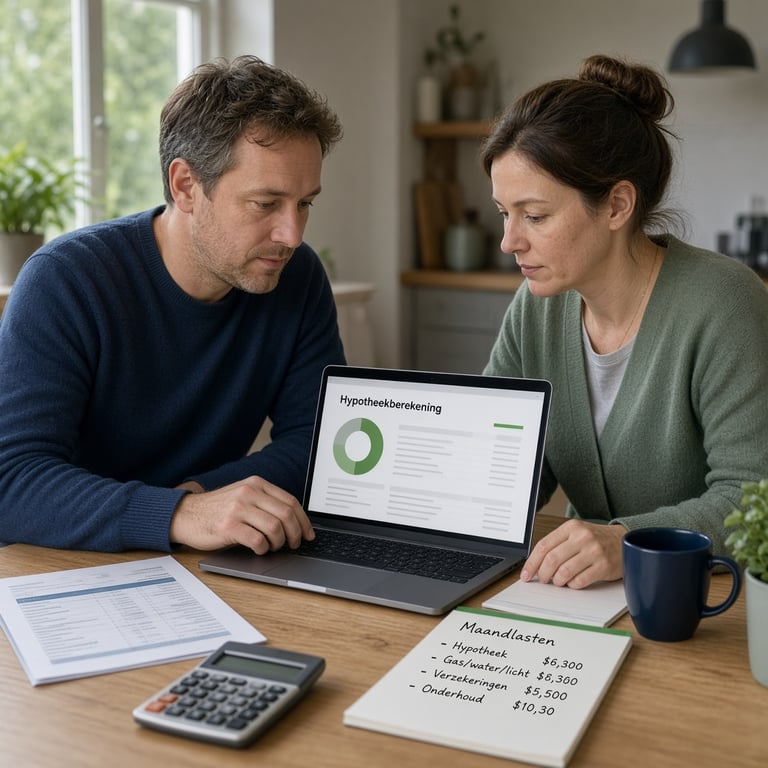 Stappende Nederlandse woningzoeker bekijkt een hypotheekberekening aan de keukentafel met laptop en rekenpapieren