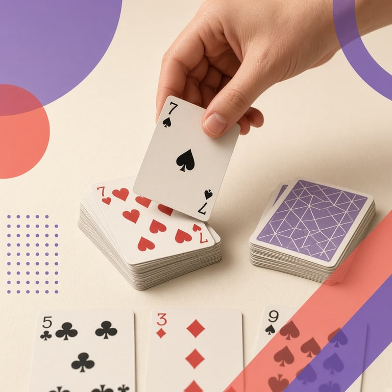 Een kleurrijke hand speelkaarten naast een aflegstapel op een lichte tafel, met moderne geometrische markeringen voor spelrichting en kaartkeuzes