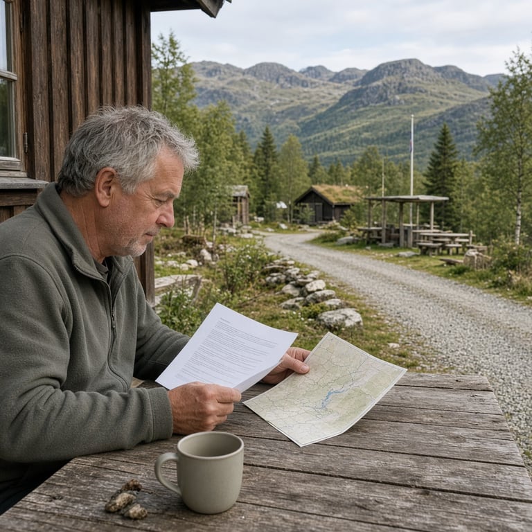 Hyttevei og felles møteplass i Tempelnatten hytteområde med snødekte fjell i bakgrunnen