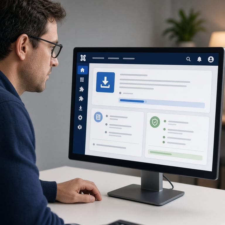 Joomla administrator reviewing free plugin details and compatibility notes on a desktop screen