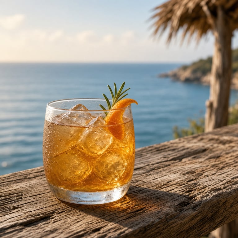 An amber cocktail on the beach bar with the sea behind it