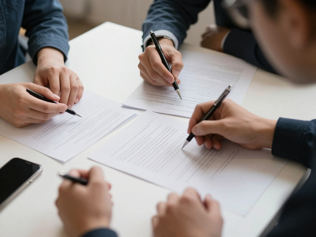 A brainstorming session with pens and papers