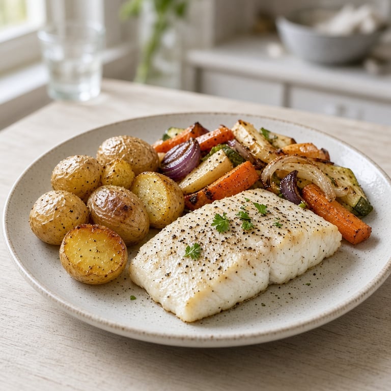 Ovnsbakte grønnsaker, poteter og mager fisk fordelt i en enkel middagsporsjon