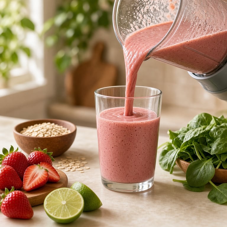 Bright fruit smoothie with berries, lime and spinach beside fresh Australian produce
