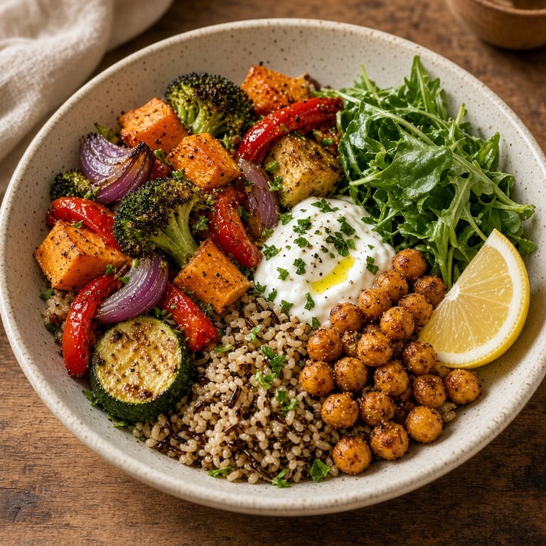 Roasted vegetables being portioned into a grain bowl with greens, legumes, and lemon
