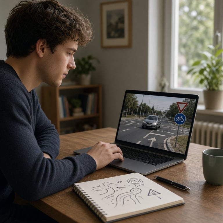 Nederlandse leerling oefent op een laptop met een realistische auto-theorietoets en notities over verkeersregels