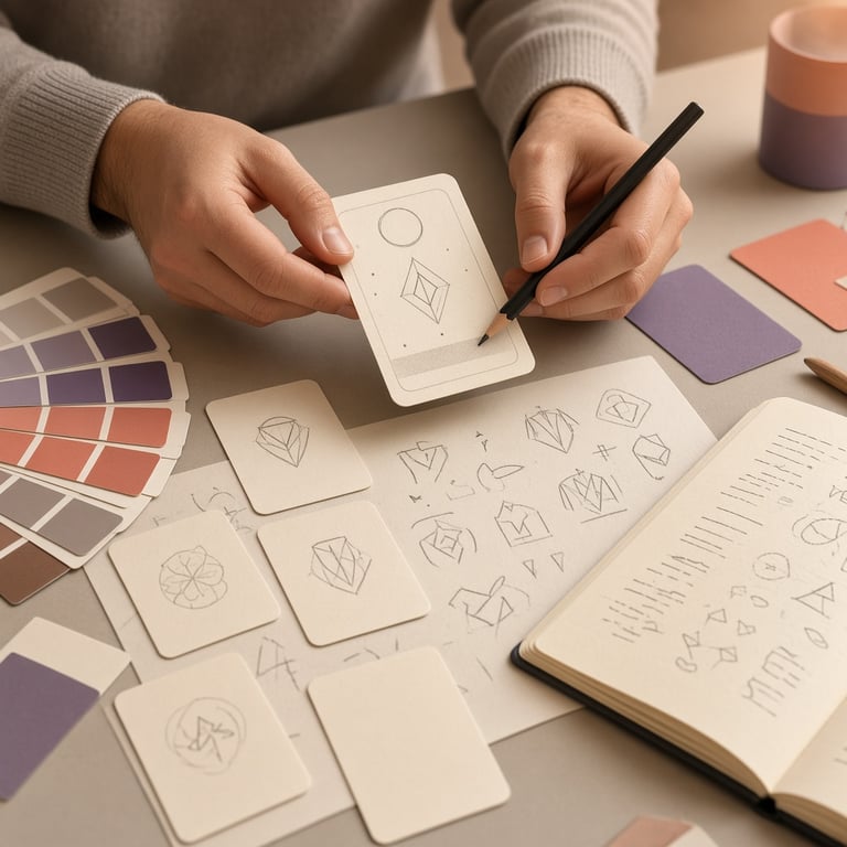 Ontwerp van een gepersonaliseerd kaartspel met losse kaarten, kleurstalen en een spelnotitie op een moderne werktafel