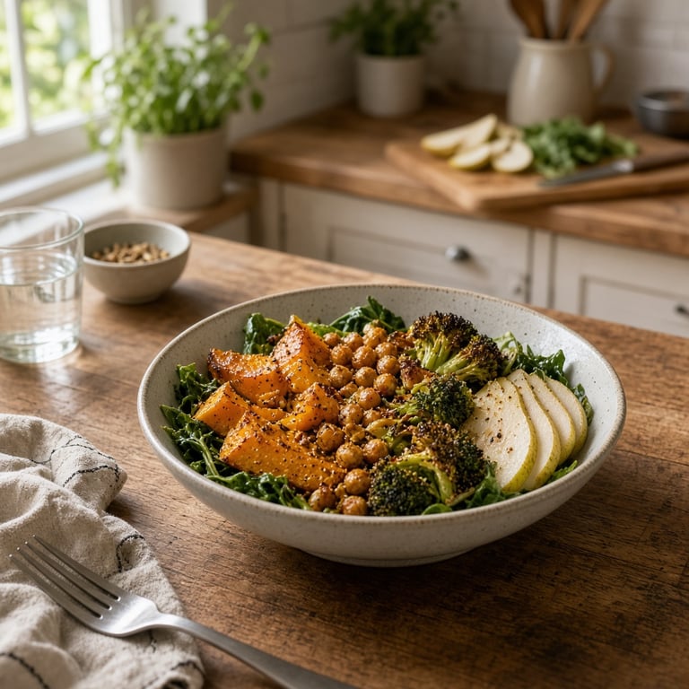 A simple weeknight meal of roasted vegetables, chickpeas, leafy greens and sliced fruit prepared in a bright home kitchen