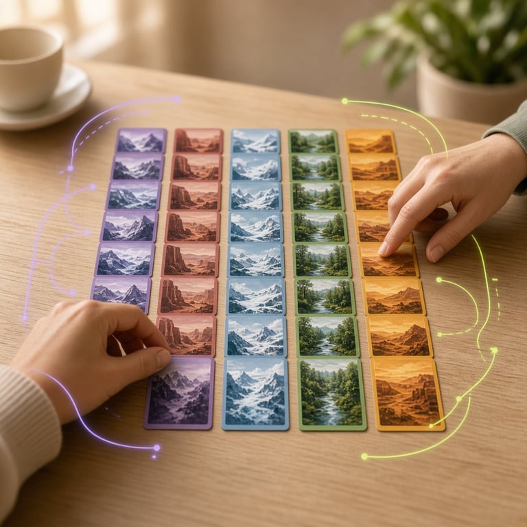 Twee spelers leggen kleurrijke expeditiekaarten naast elkaar op een moderne tafel met paarse en limekleurige markeringen