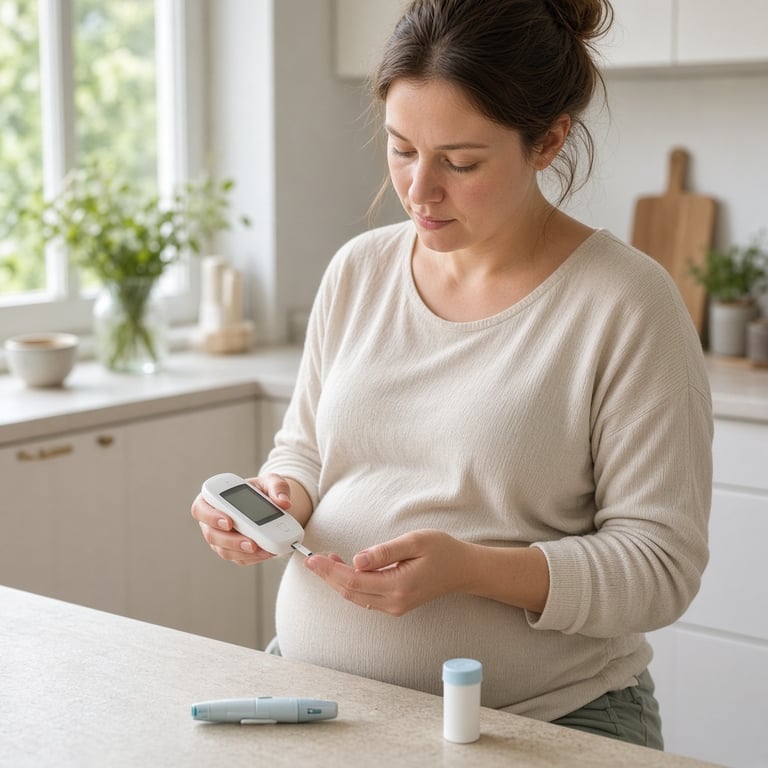 Gravid kvinne som måler blodsukker ved kjøkkenbordet
