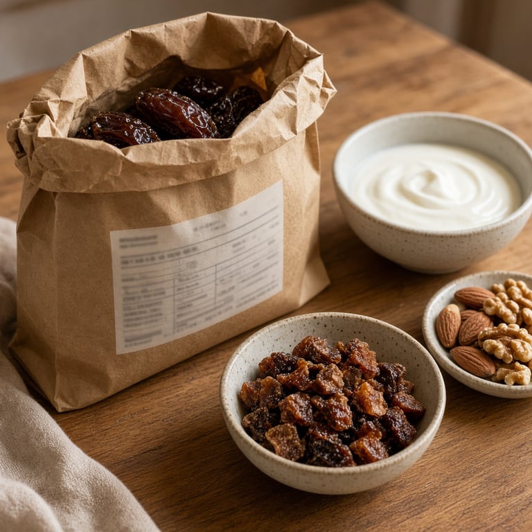 An open packet of dried fruit with the ingredient list facing a wooden kitchen bench, alongside a small measured serving and plain yoghurt