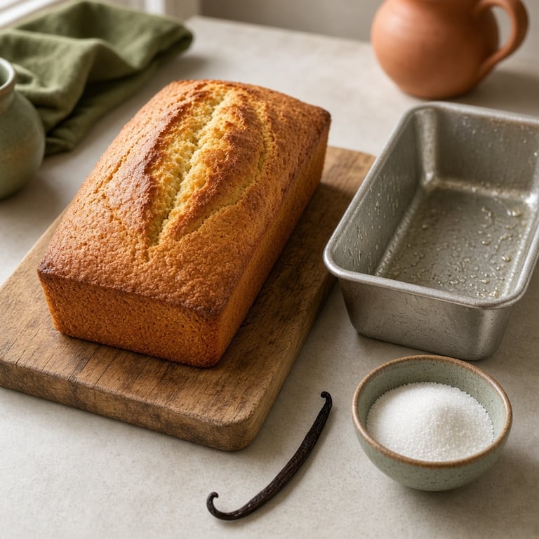 Goudkleurige vanillecake op een houten plank naast een cakevorm en vanillestokje
