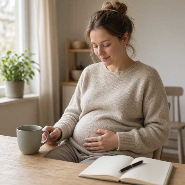 Gravid person med hånden på magen i et rolig hjemmemiljø