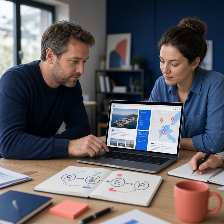 Een ondernemer bespreekt een lokale marketingstrategie met een webdesigner aan een bureau in Zeeland