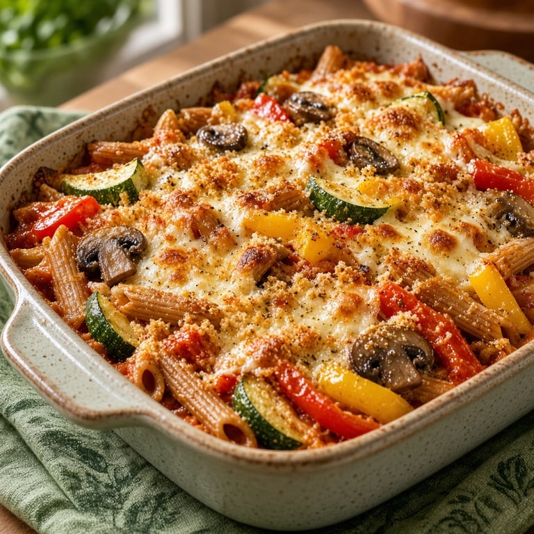 Golden vegetable pasta bake in a ceramic dish with colourful vegetables and fresh basil on a warm kitchen table