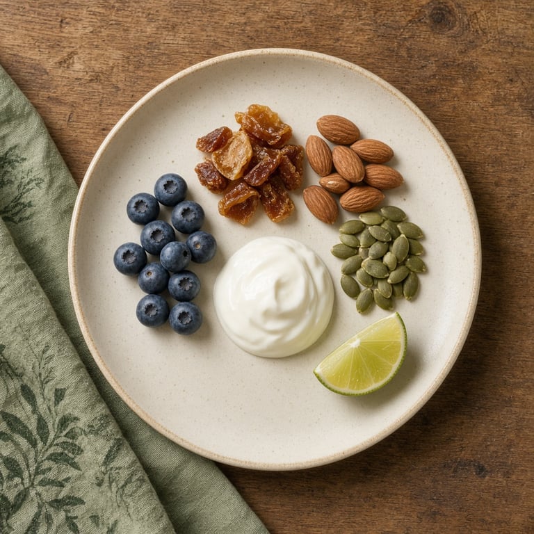 A small measured serving of dried fruit with yoghurt, nuts, and fresh berries for a balanced snack