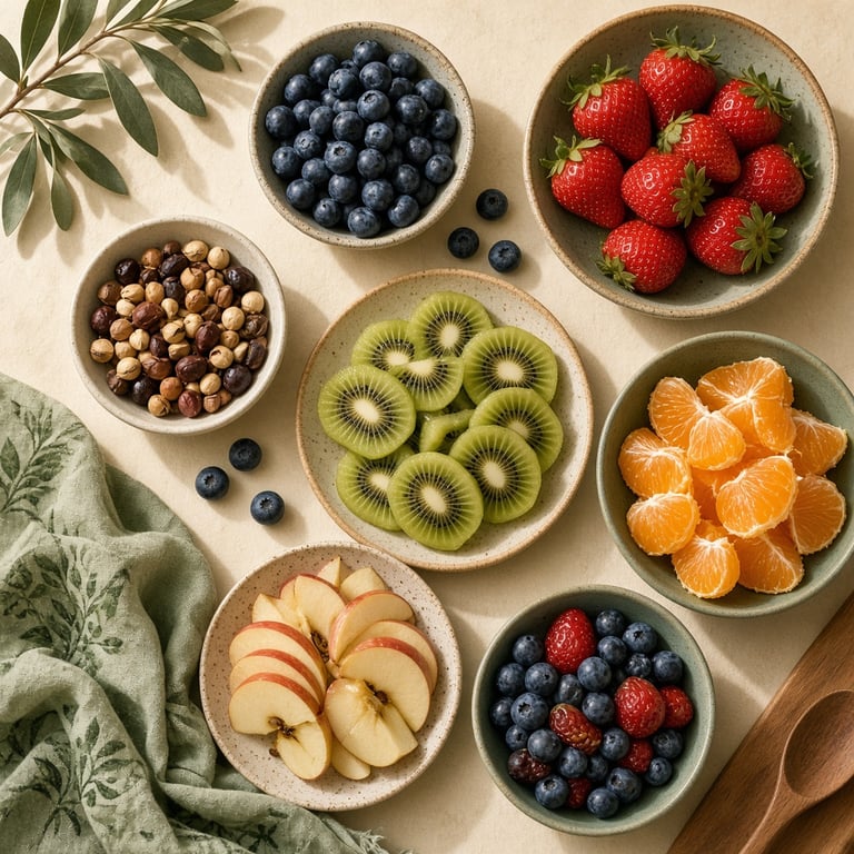 A bowl of blueberries, strawberries, kiwi, oranges, and apples arranged on a warm cream kitchen table