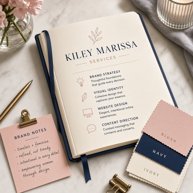 Brand notes and color swatches on a creative desk
