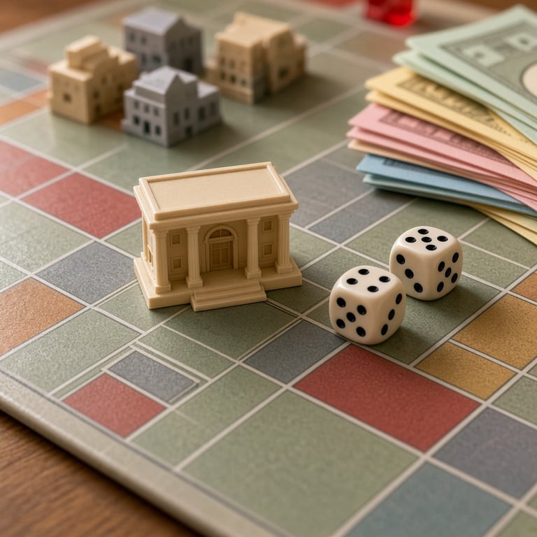 Close-up van een Hotel bordspel entree naast dobbelstenen, speelgeld en hotelonderdelen