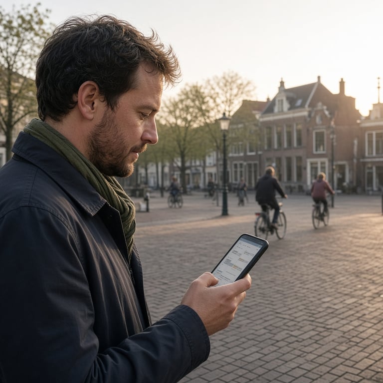 Bezoekers bekijken een lokale evenementen kalender op een telefoon tijdens een zonnige middag in Apeldoorn