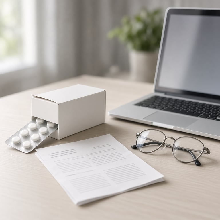 Farmasøytisk emballasje, ingrediensliste og briller ved siden av en laptop