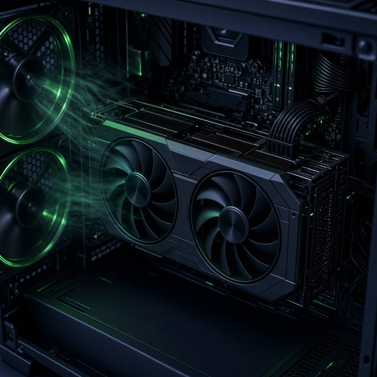 A discrete graphics card with airflow moving through a desktop case