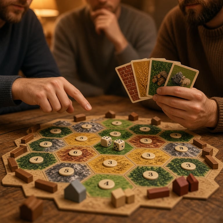 Een close-up van Catan grondstofkaarten, dobbelstenen en houten speelstukken naast het speelbord