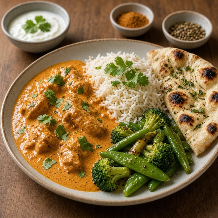 Butter chicken met lepels basmatirijst, frisse groene groenten en koriander op een houten eettafel