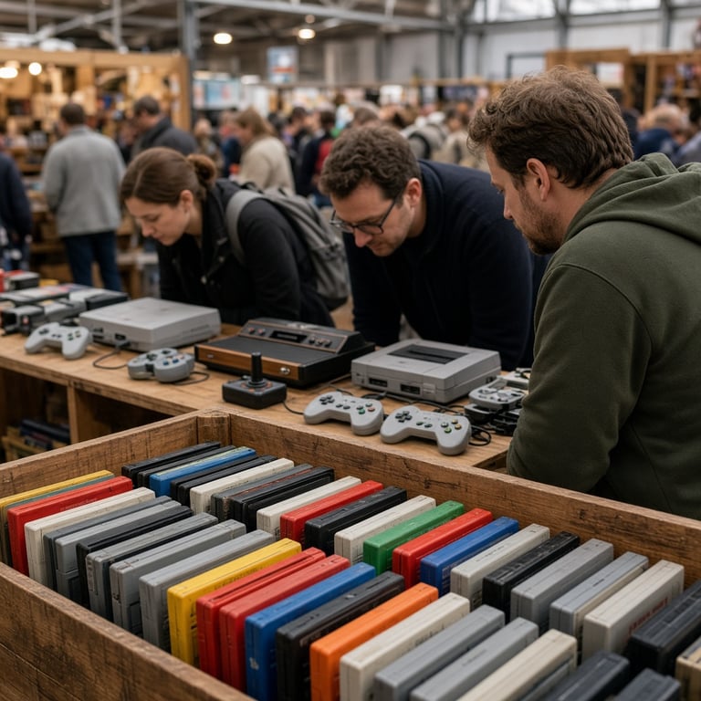 Bezoekers bekijken retro consoles en games aan lange beursstands