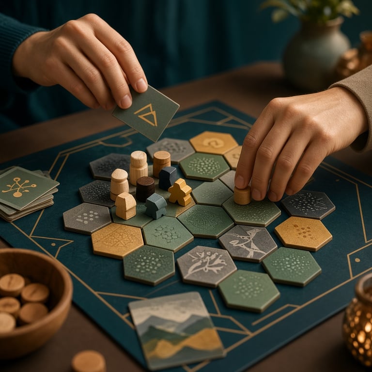 Spelers die strategische keuzes maken rond een bordspel met kaarten, tegels en fiches