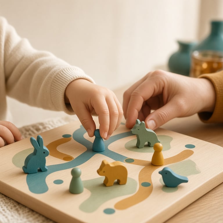 Kinderen en een ouder spelen een kleurrijk bordspel aan de keukentafel