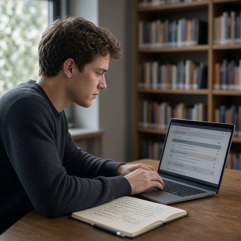 Student in een Nederlandse bibliotheek die een digitale vaardighedentoets maakt op een laptop