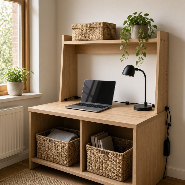 Een compacte werkplek met een aangepast IKEA-meubel, kabelbeheer en opbergmanden
