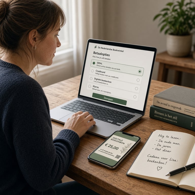 Een lezer controleert op een laptop de betaalopties van een online boekwinkel voor het verzilveren van een digitale boekenbon