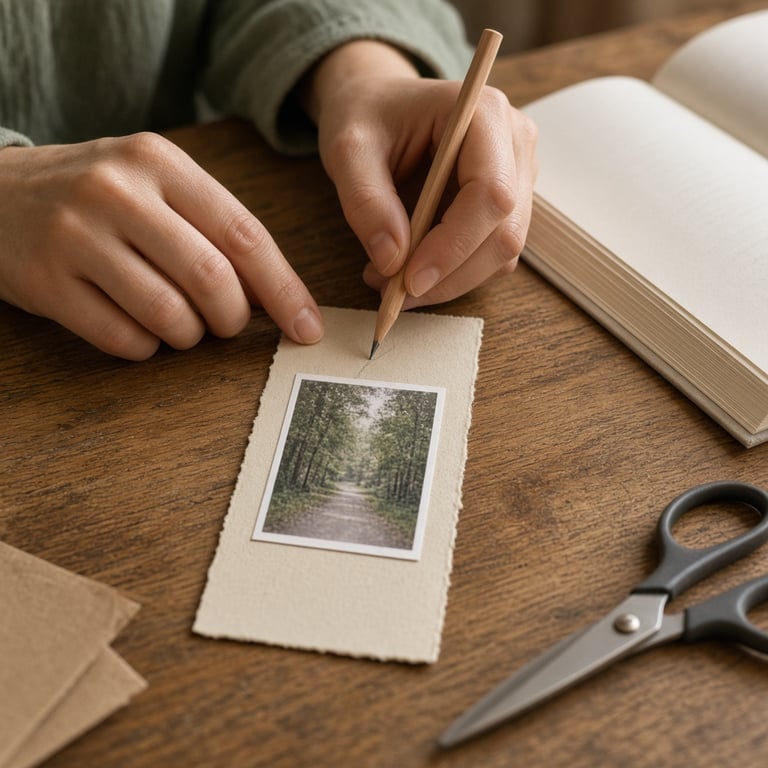 Een zelf ontworpen boekenlegger met foto en tekst naast een open boek op een houten leestafel