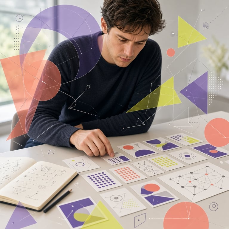 Speler analyseert kaarten, notities en gecodeerde patronen op een lichte speeltafel