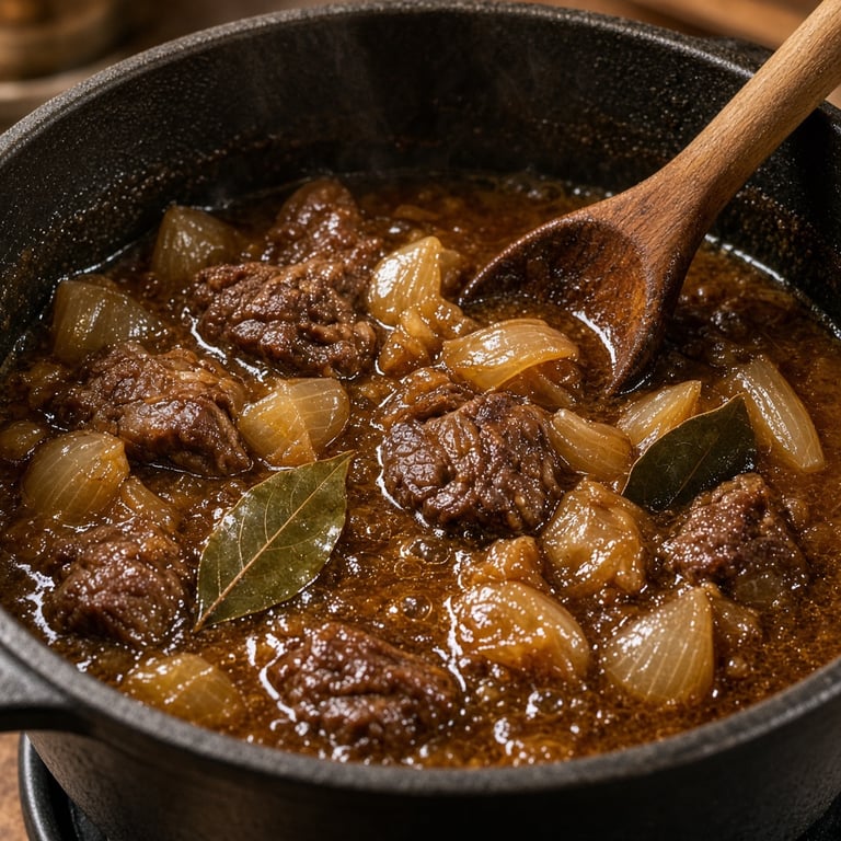 Klassieke hachee in een gietijzeren braadpan met zachte uien en rijke jus