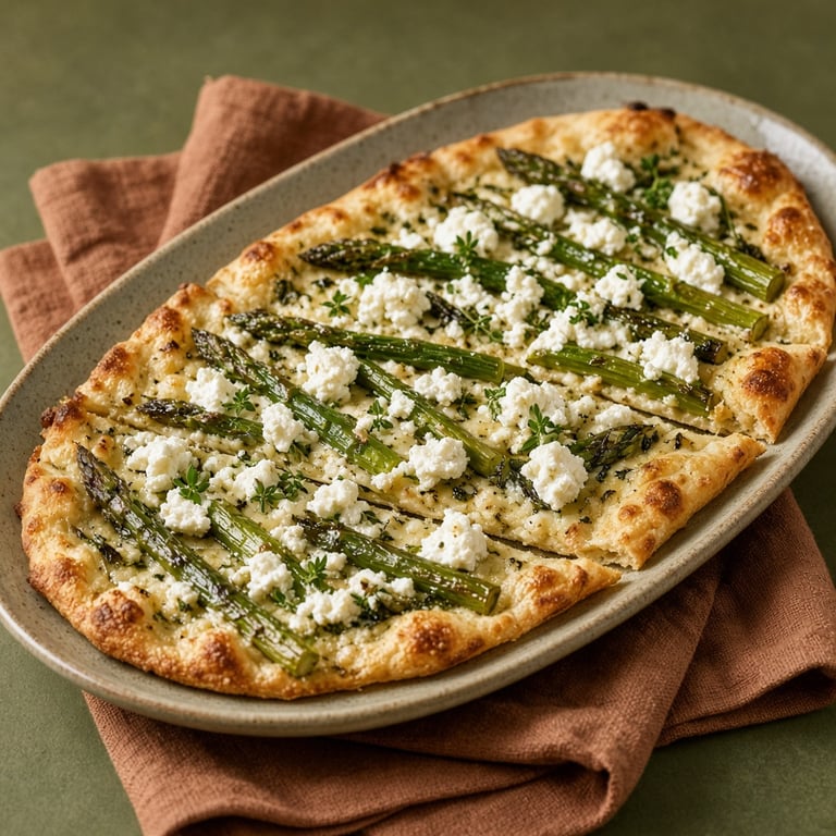 Vegetarische flammkuchen met groene asperges, geitenkaas en verse kruiden