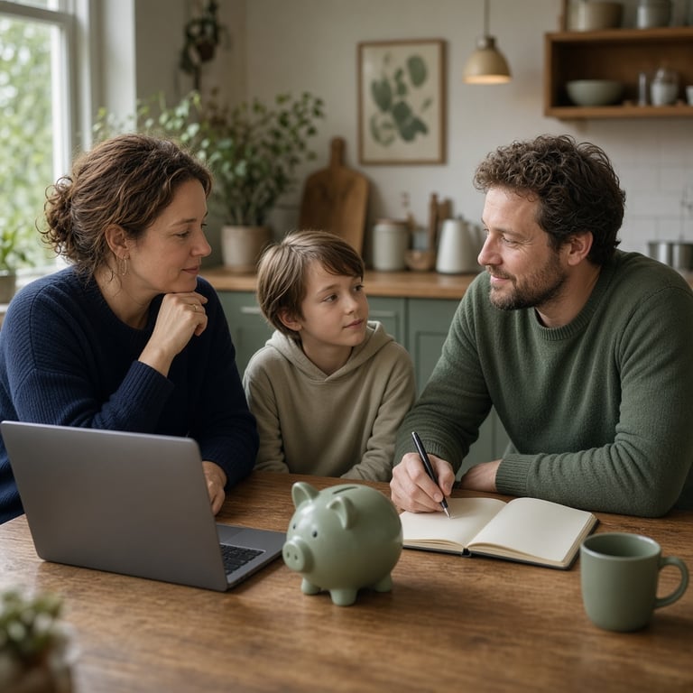 Gezin aan de keukentafel bekijkt samen de opbouw van een aanvullend pensioen op een laptop